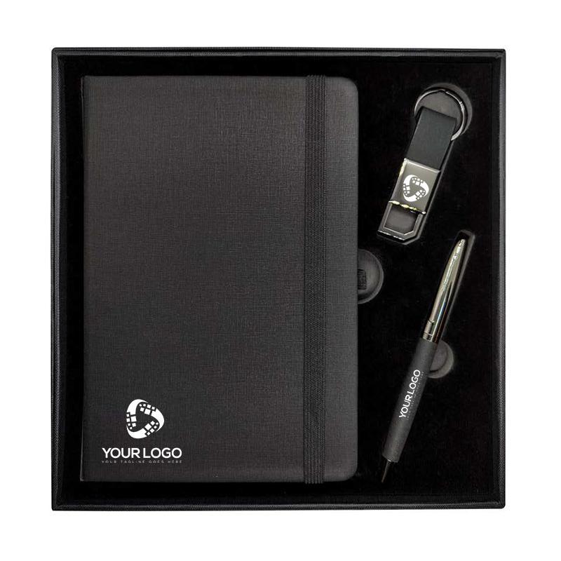 Premium Gift Set with Fabric Notebook, Gun Metal Pen & Keyring